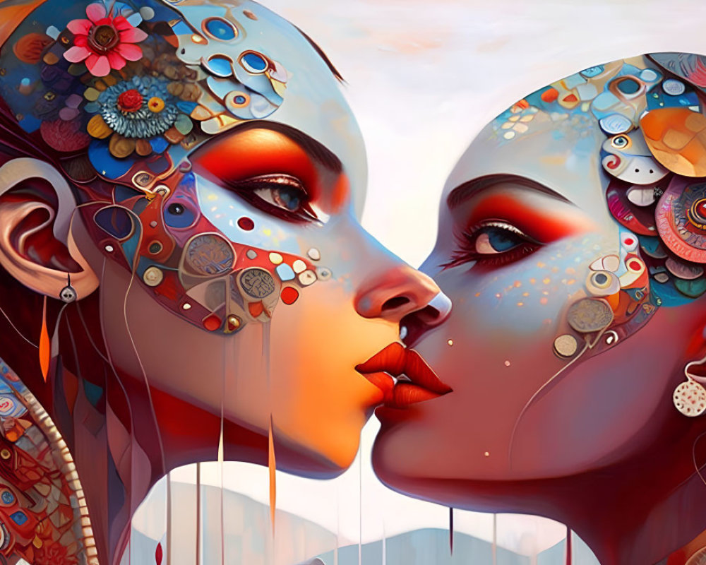 Stylized female figures with colorful patterns touching foreheads