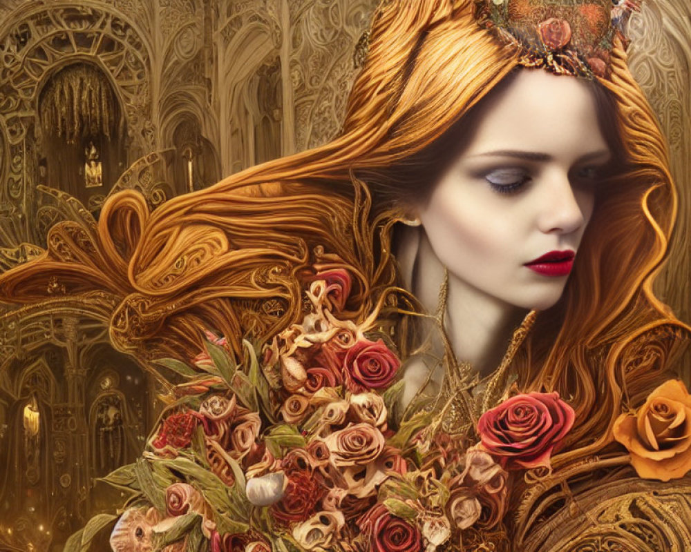 Detailed gothic architecture backdrop with woman in flower crown