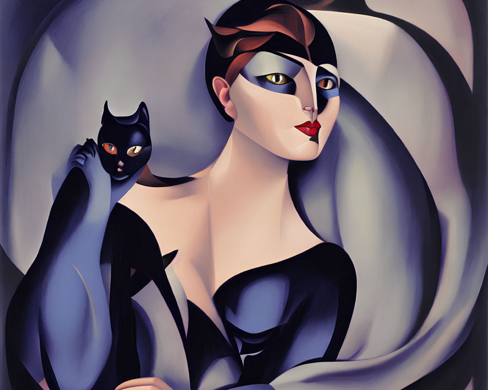 Abstract artwork of woman and cat masks with dark/light contrasts