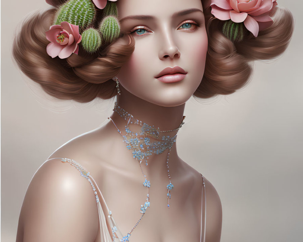 Digital portrait of a woman with stylized hair, pink flowers, cacti, blue jewelry,