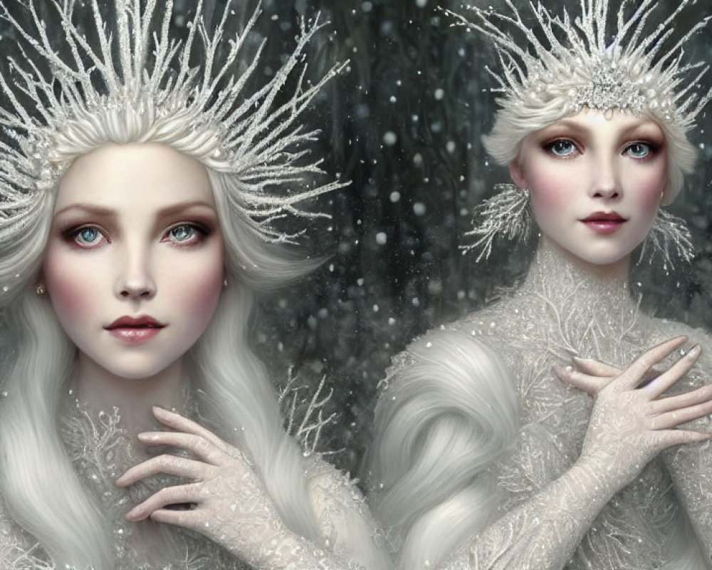 Two women with pale skin and white hair wearing crystal crowns in a snowy setting.