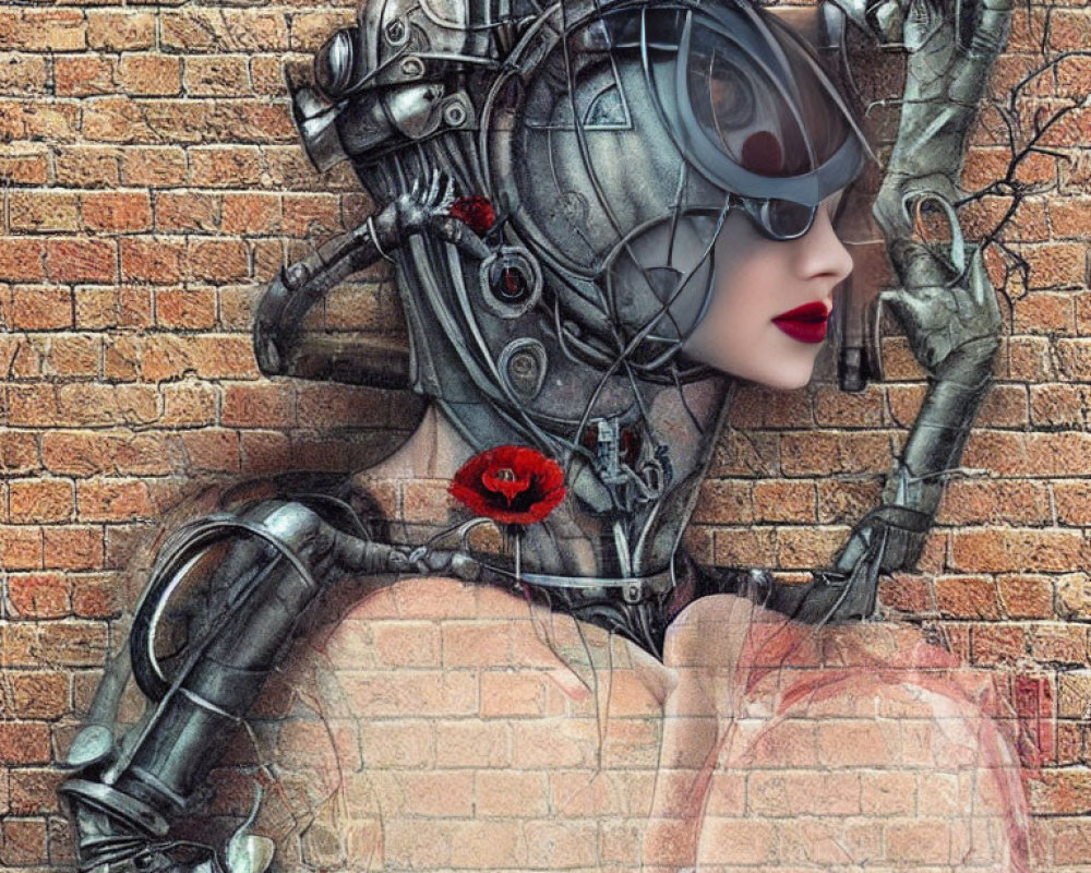 Detailed futuristic robotic woman merged with brick wall, entwined by vines, holding red poppy.