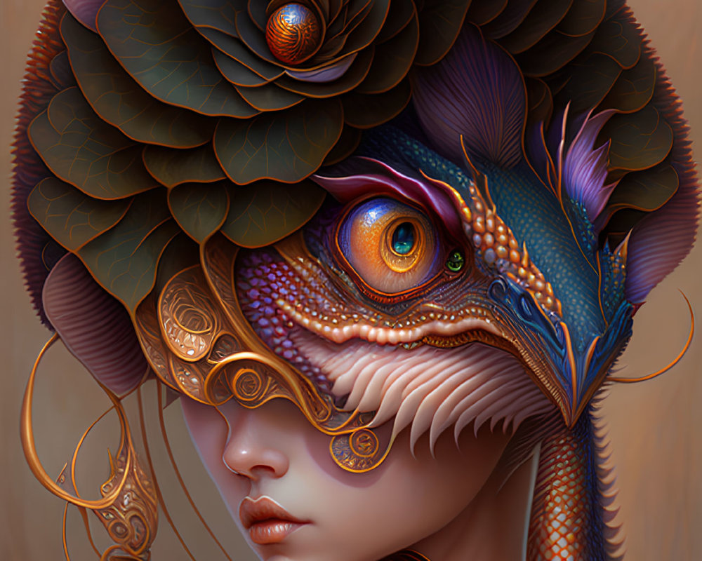 Digital artwork: Woman with peacock mask, intricate feathers