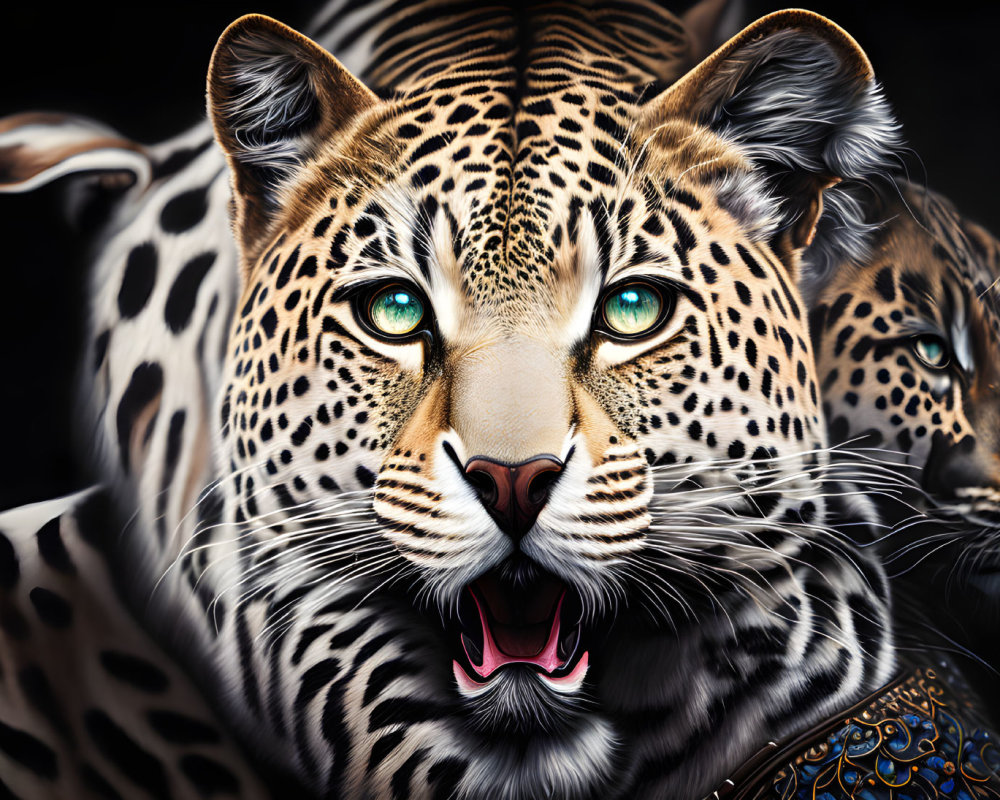 Hyper-realistic digital painting of two leopards with bright green eyes and open mouth.