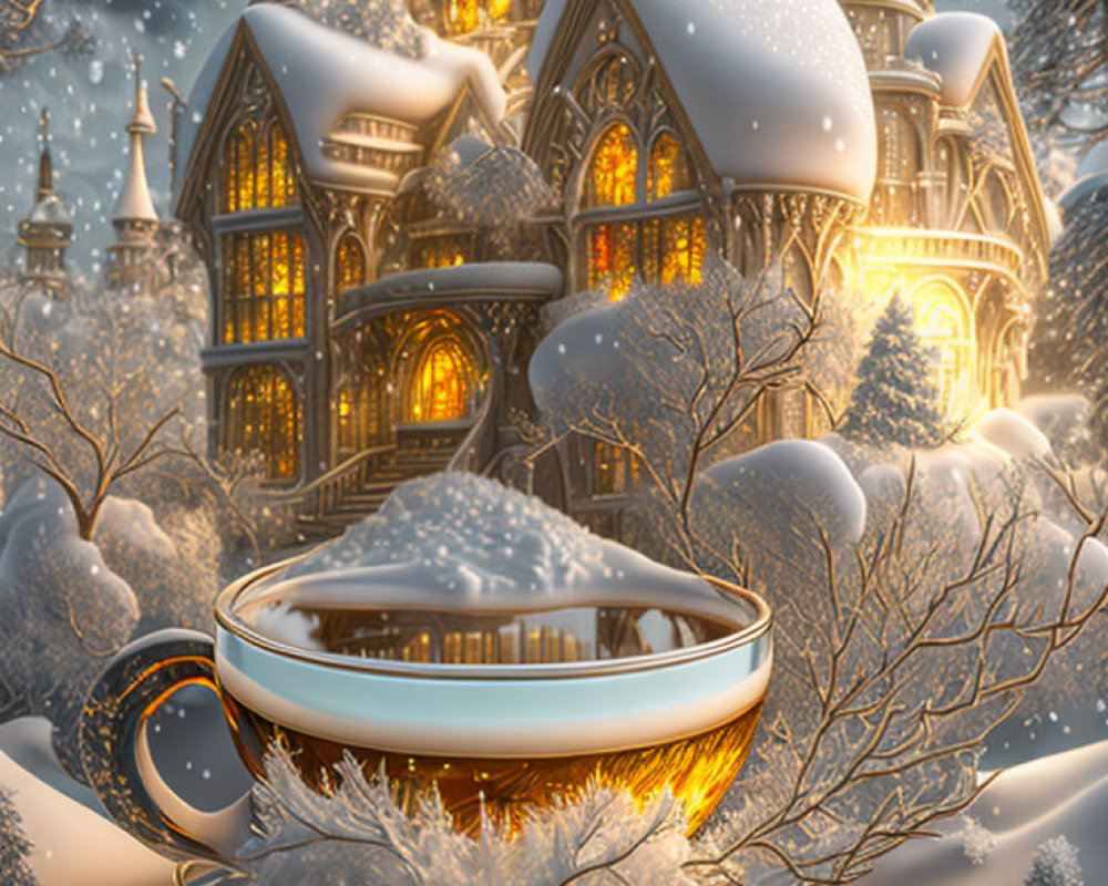 Winter-themed cozy cottage and hot beverage in snowy setting