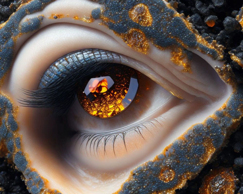 Detailed Close-Up of Eye with Golden Glitter and Fiery Reflection