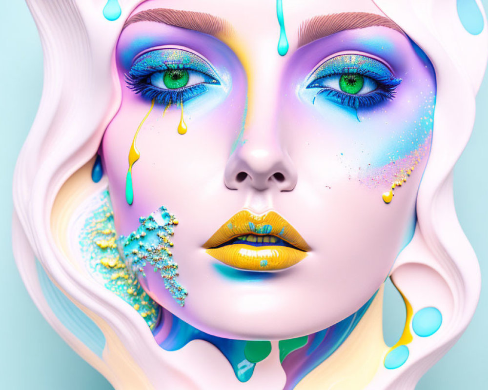 Colorful Digital Art Portrait with Melting Features and Sparkling Makeup