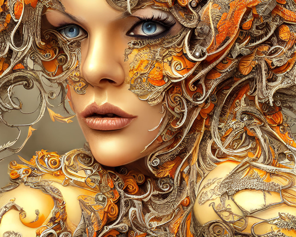 Digital Artwork: Woman with Golden Headpiece and Blue Eyes