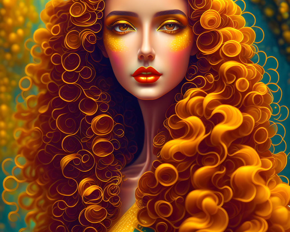 Voluminous Curly Red Hair Woman Portrait with Blue Outfit
