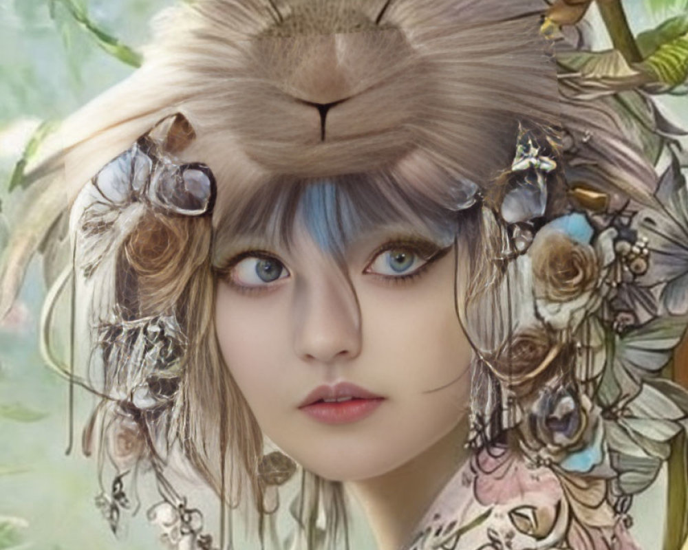 Whimsical character portrait with blue eyes and lion-like hair against foliage backdrop