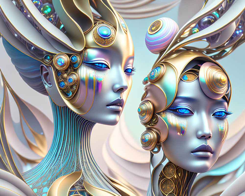 Surreal futuristic female figures with gold and blue headpieces and peacock feathers