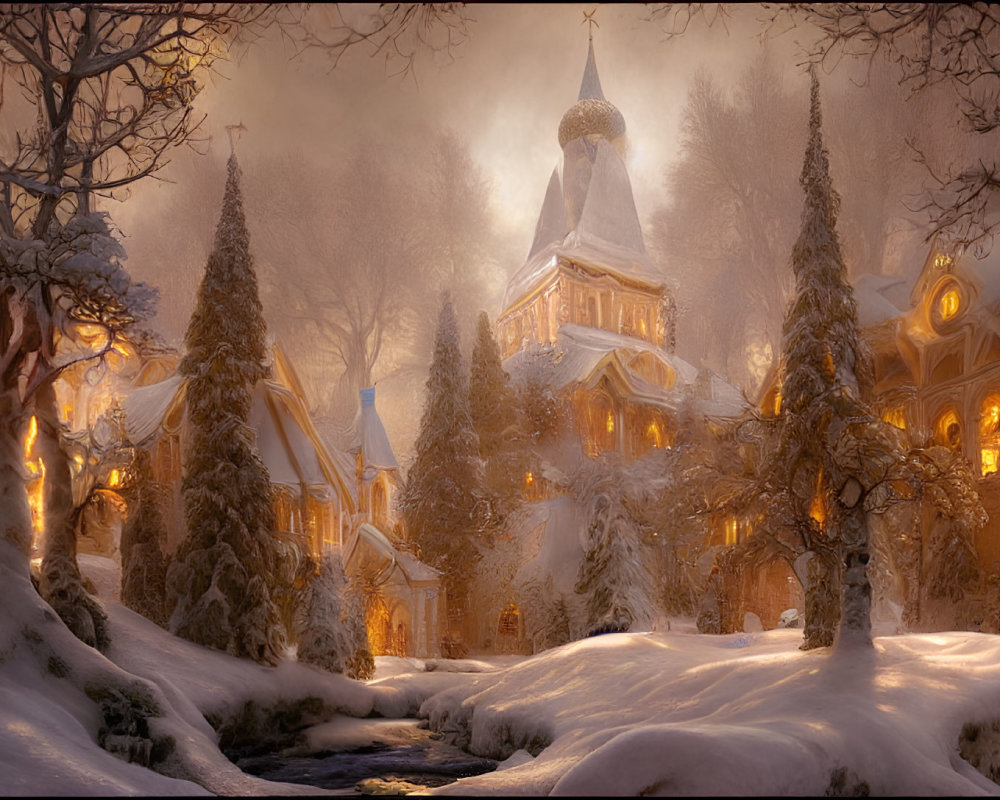 Snow-covered buildings and glowing lights in enchanting winter scene.