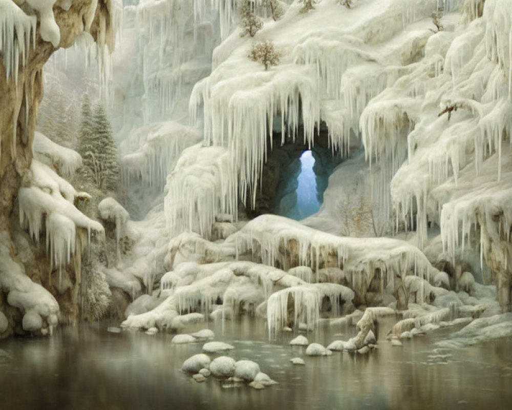 Frozen waterfall, icicles, snow-covered trees in serene winter landscape