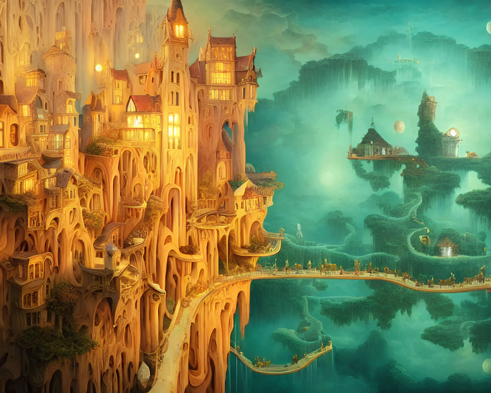 Fantastical city with ornate buildings carved into towering cliffs