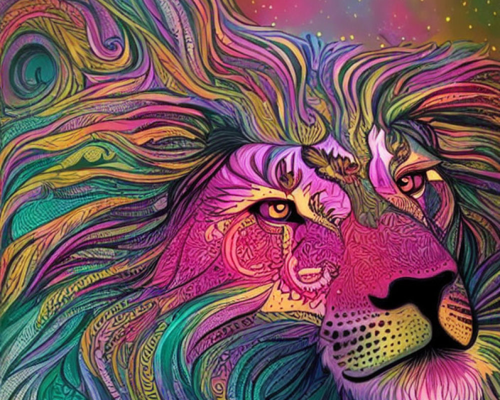 Colorful lion illustration with psychedelic patterns on starry sky background
