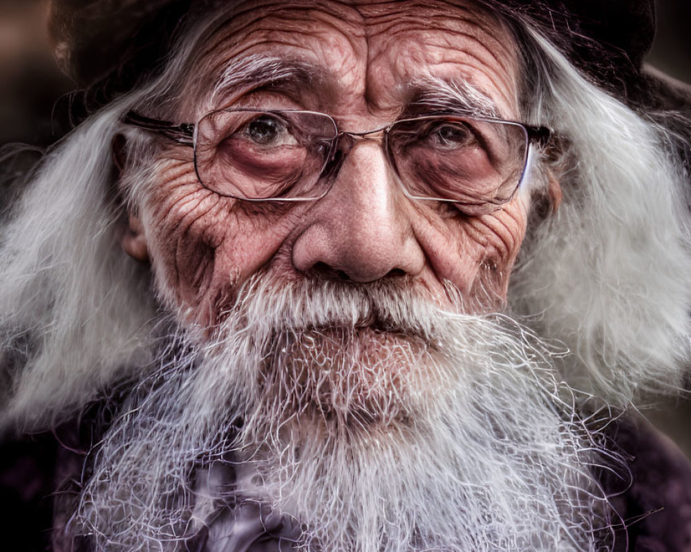 Elderly man with furrowed brow, white beard, spectacles, and hat stares at
