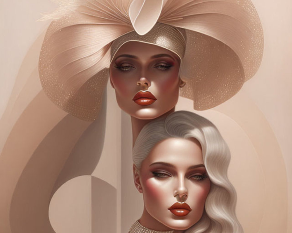 Fashion illustration of two women with elaborate hats and elegant makeup in soft tones.