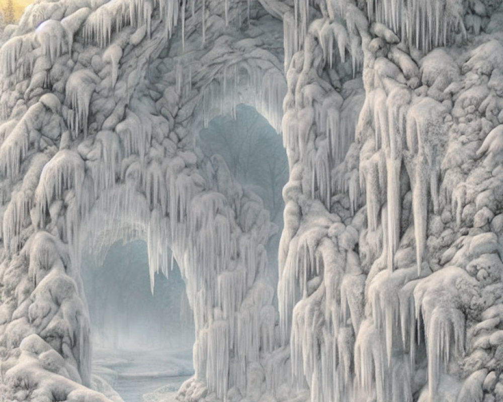 Wintry landscape with frozen river in ice-capped cave