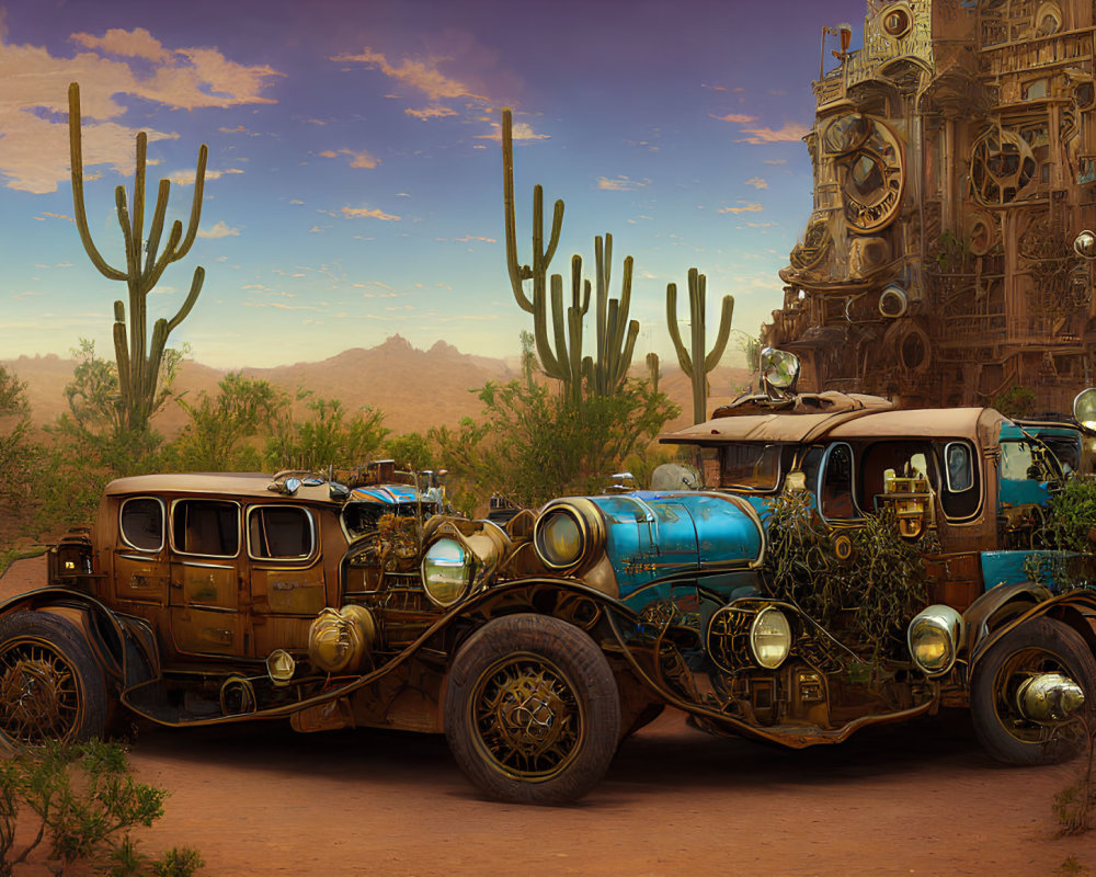 Steampunk-style vintage car in desert with gears and cacti