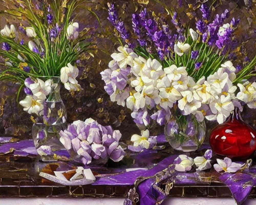 Purple and White Flowers in Glass Vases with Red Vase on Textured Surface