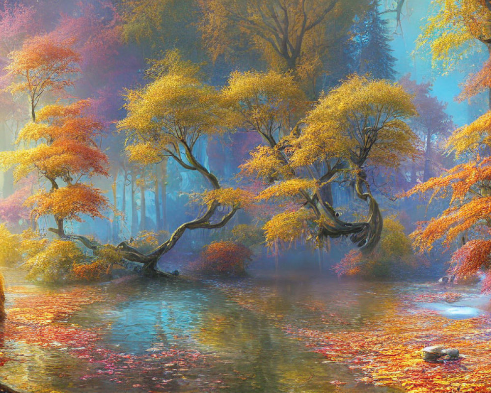 Autumn forest pond with vibrant leaves and misty light