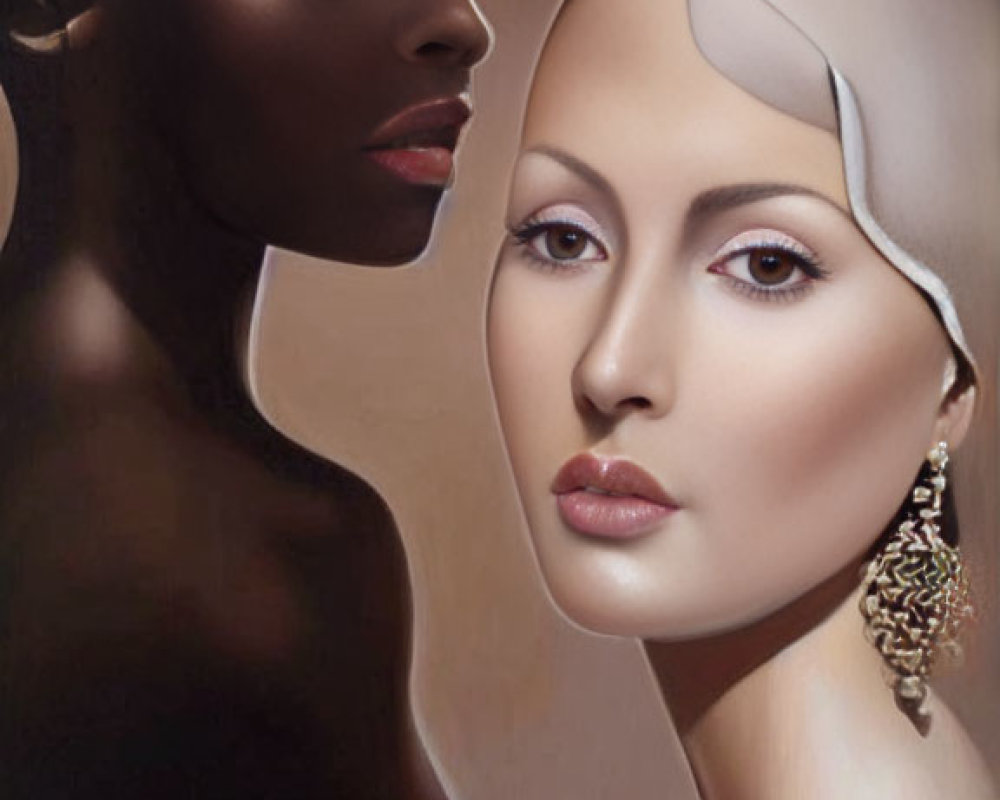 Contrasting skin tone women with prominent earrings face each other