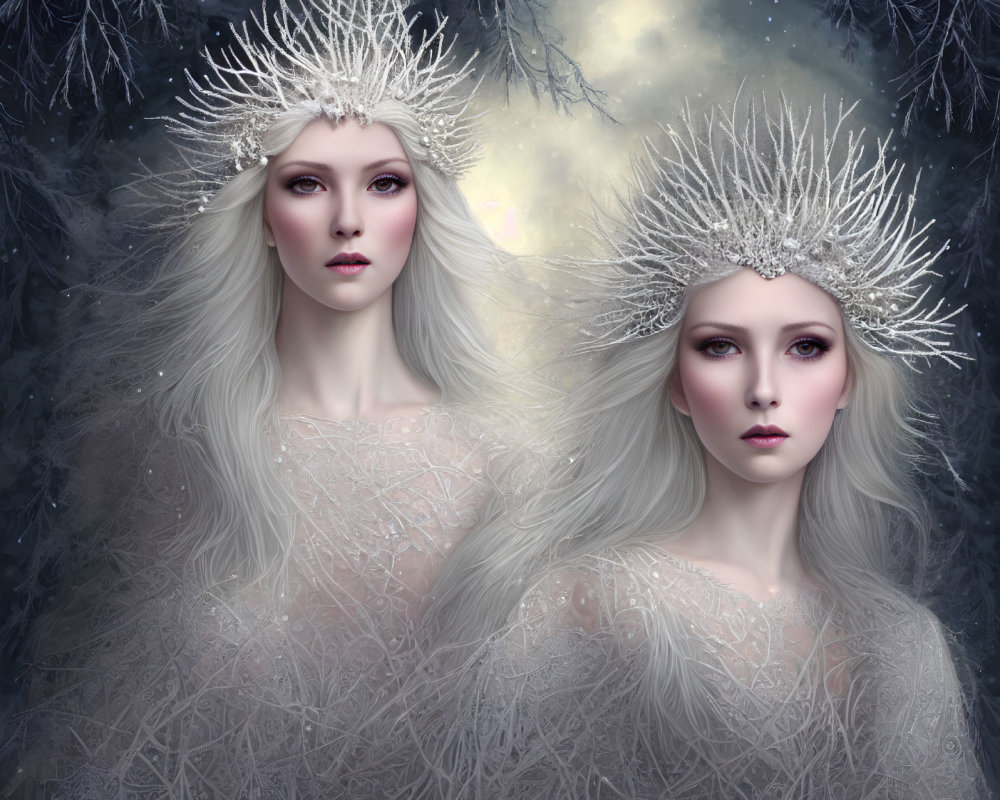 Ethereal women in crystal crowns and white gowns on celestial backdrop