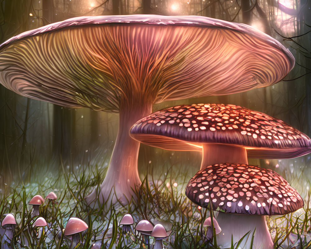 Vibrant mushrooms in enchanted forest with ethereal light.