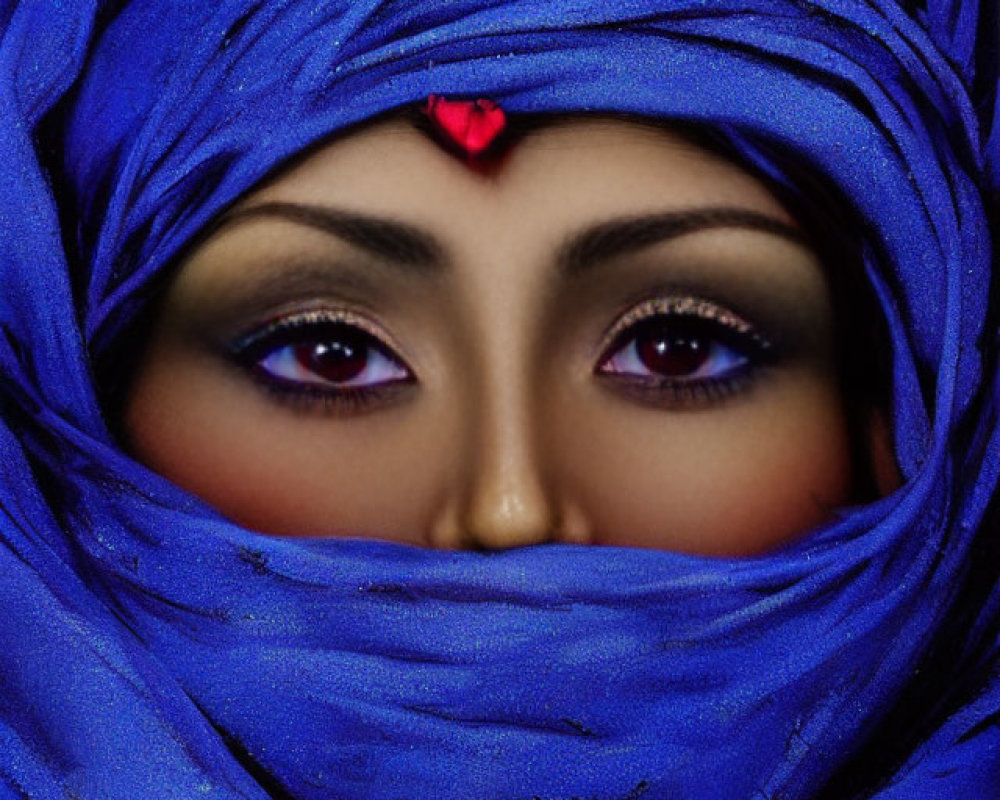 Person with Striking Eyes in Vibrant Blue Scarf and Red Bindi