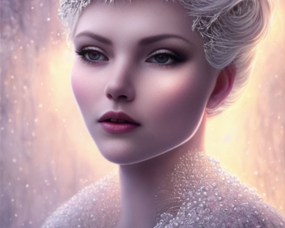 Portrait of Woman with Pale Skin and Striking Green Eyes in White Frost-Like Attire