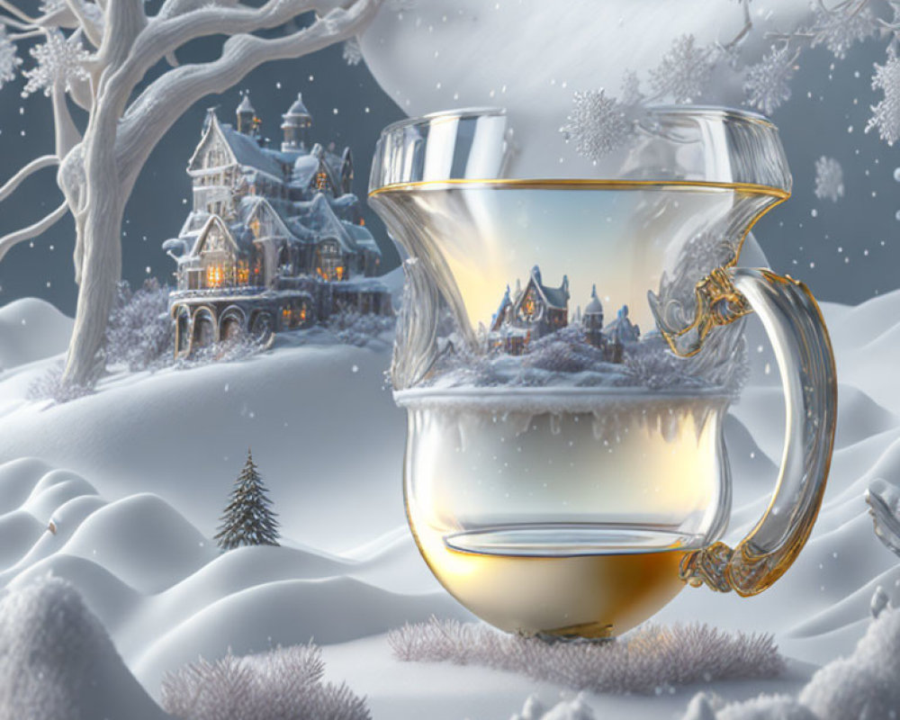 Glass teapot with winter village scene encapsulated inside