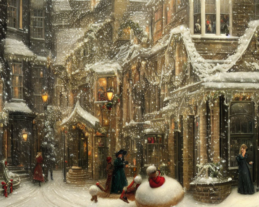 Snowy Victorian Street Scene with Period Attire and Shop Windows