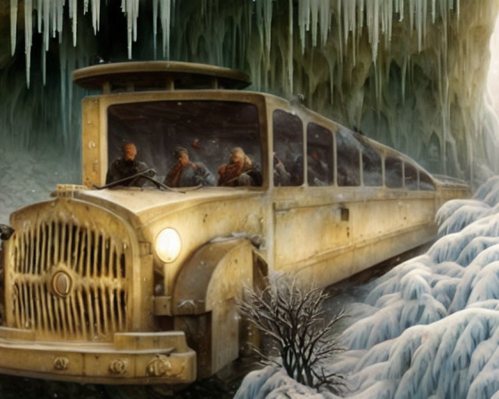 Vintage snow-covered train with passengers in icy landscape