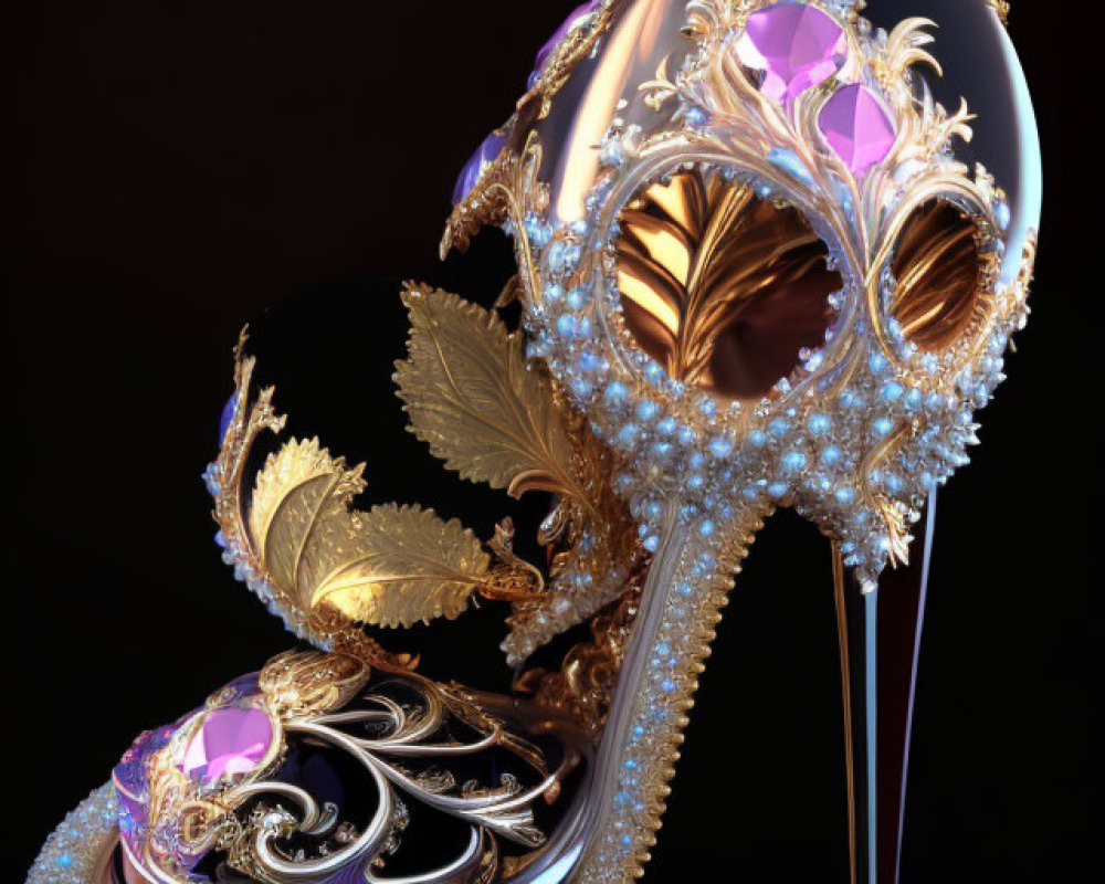 Luxurious High-Heeled Shoe with Golden Embellishments and Purple Gemstones