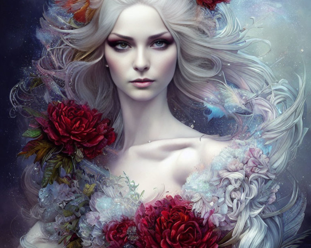 Pale-skinned woman with gray hair and red flowers in cosmic setting