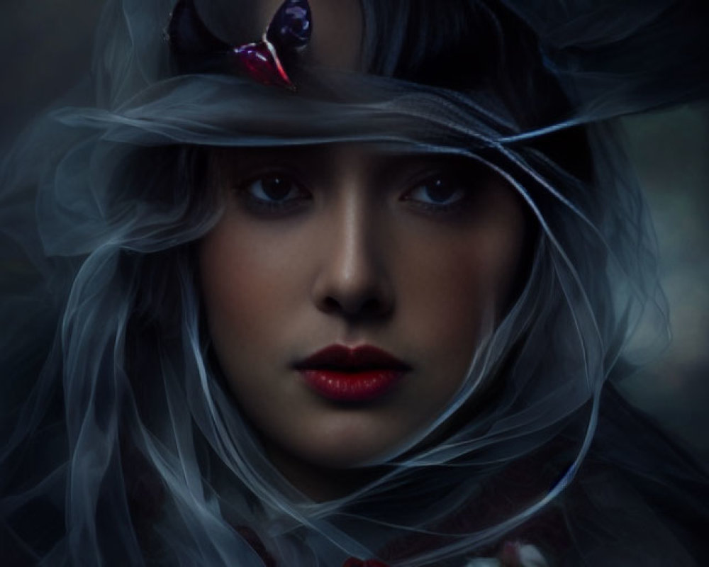 Portrait of woman in flowing fabrics with roses and butterfly on headpiece against dark background
