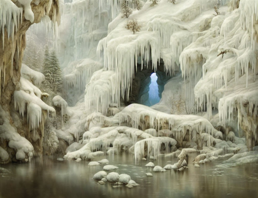 Frozen waterfall, icicles, snow-covered trees in serene winter landscape