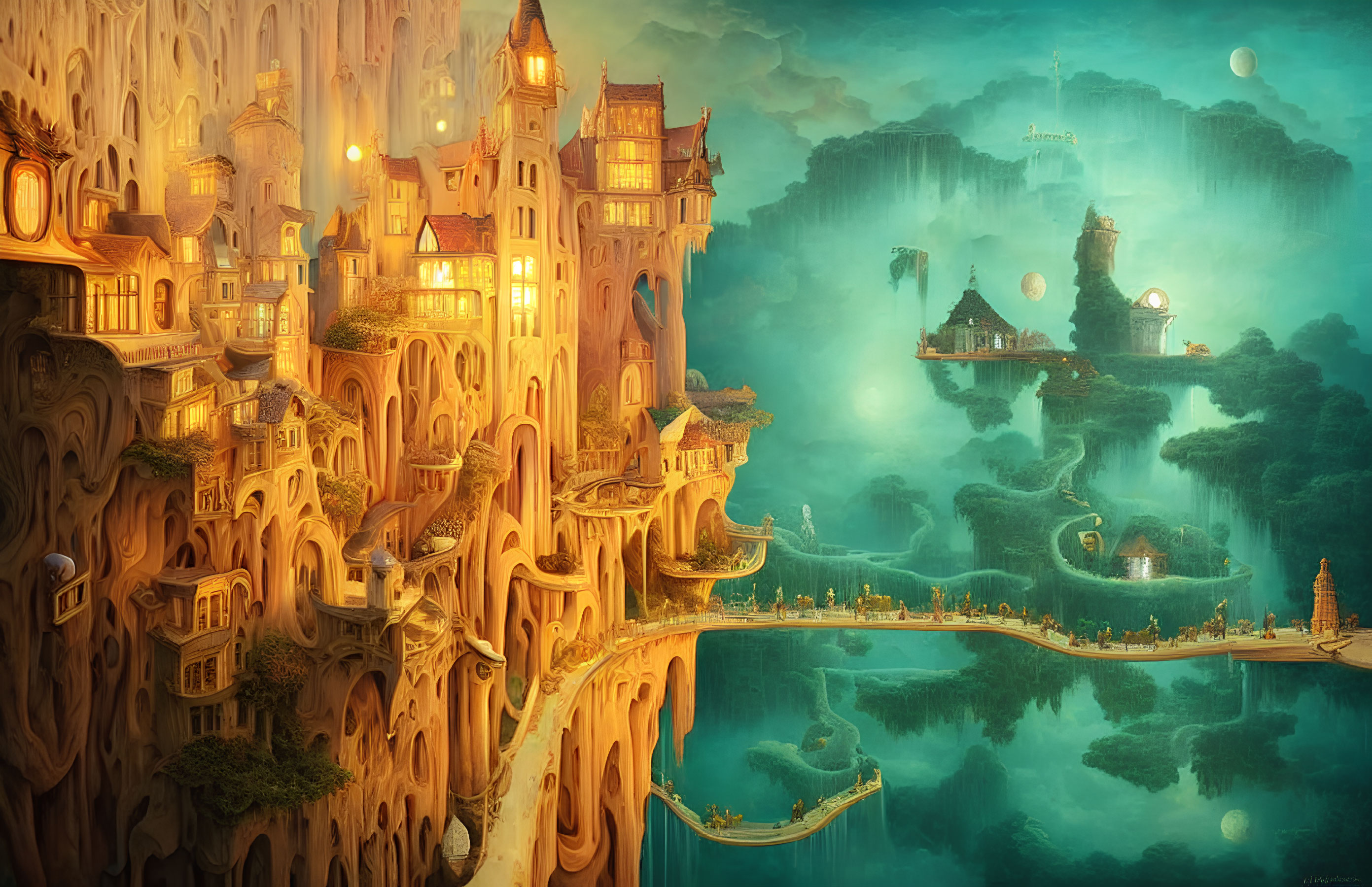 Fantastical city with ornate buildings carved into towering cliffs