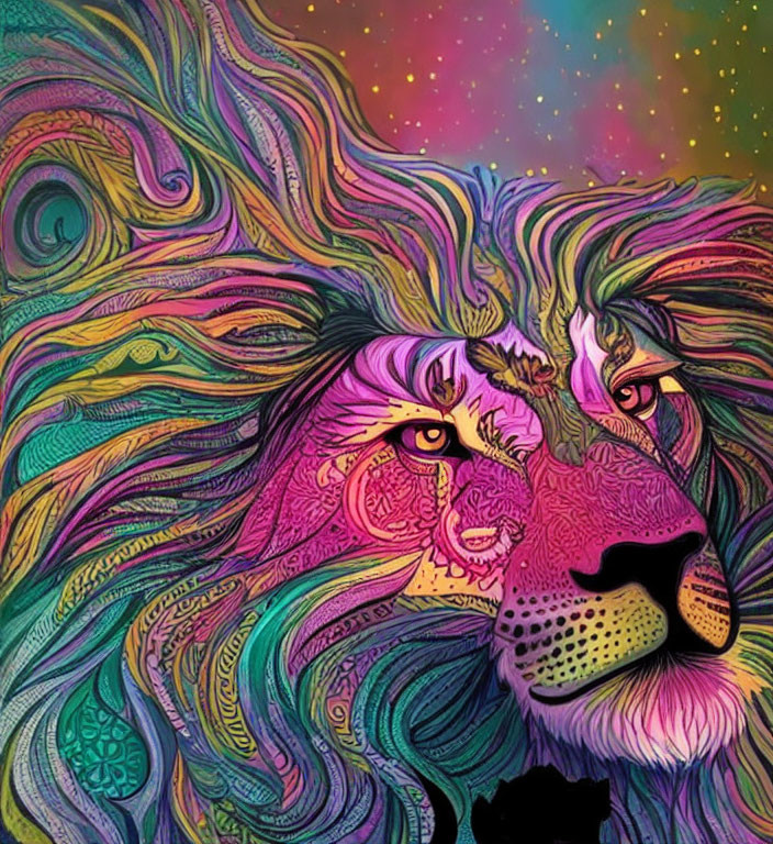 Colorful lion illustration with psychedelic patterns on starry sky background