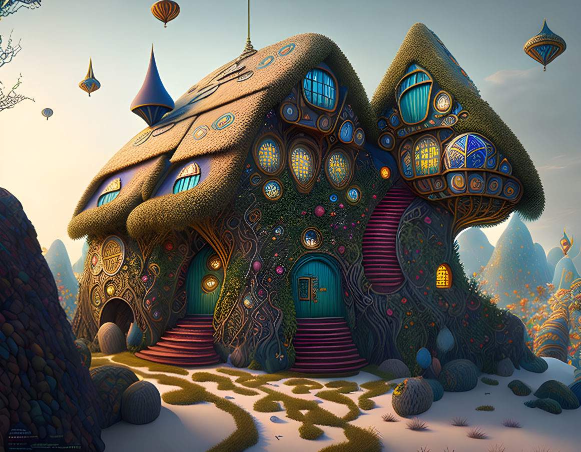 Fantastical mushroom house with stained-glass windows & balloons