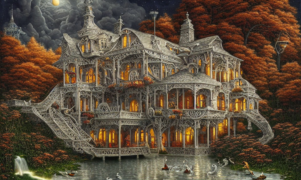 Detailed Victorian Mansion in Autumn Forest with Swan Pond