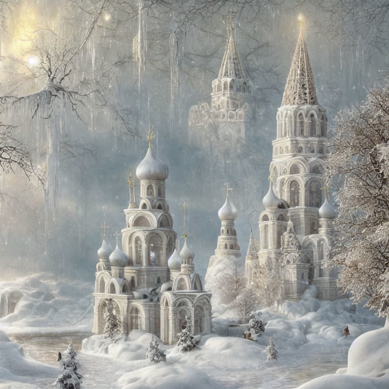 Fantasy landscape with snow-covered towers and icy trees