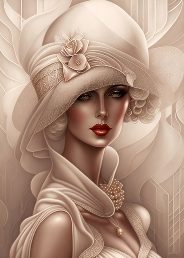 Portrait of a woman in stylish hat, pearl jewelry, red lips, and elegant gaze on beige background