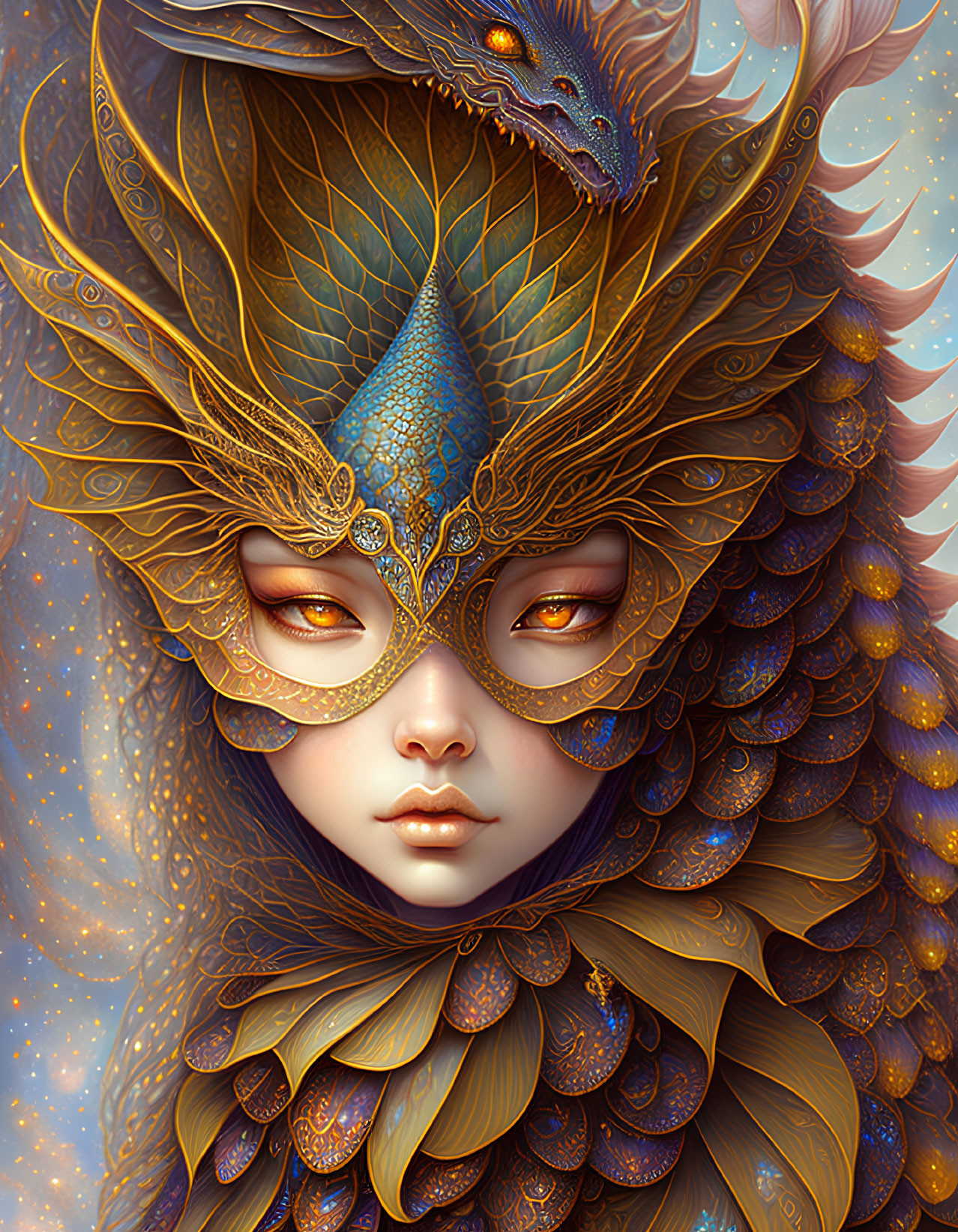 Fantastical portrait of serene figure in dragon-themed attire