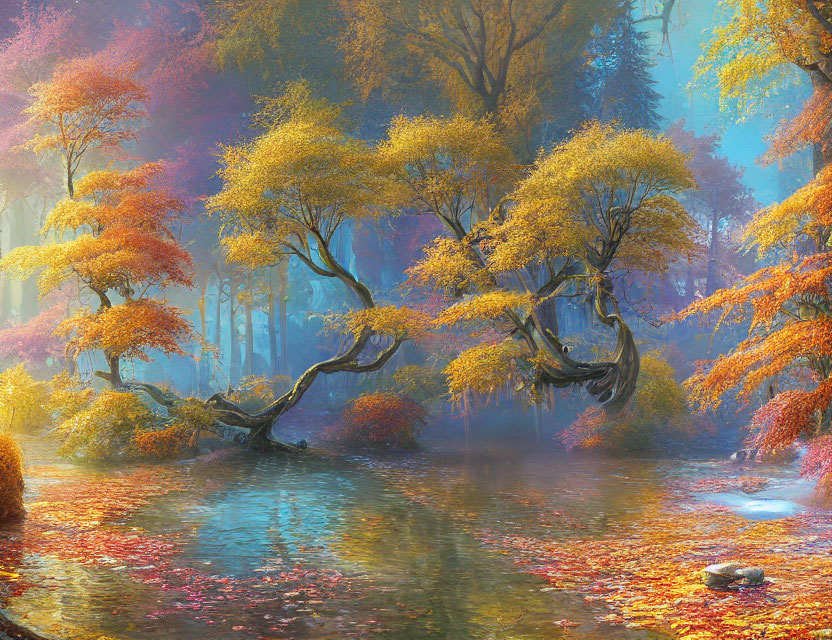 Autumn forest pond with vibrant leaves and misty light