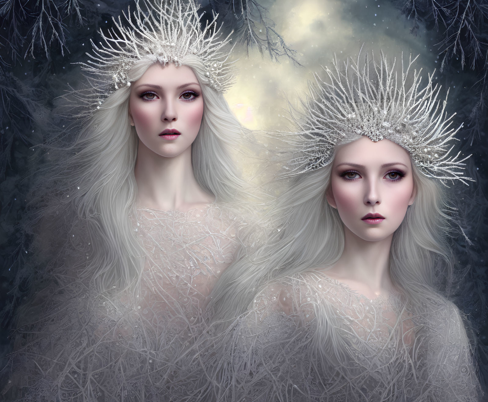 Ethereal women in crystal crowns and white gowns on celestial backdrop