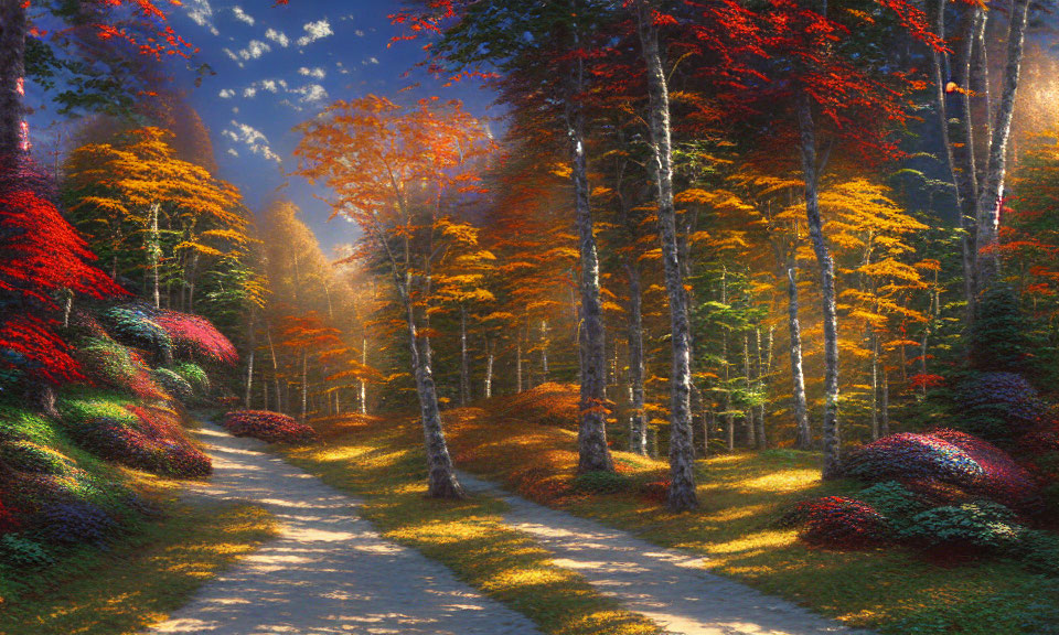 Colorful Autumn Forest with Winding Path and Sun Rays