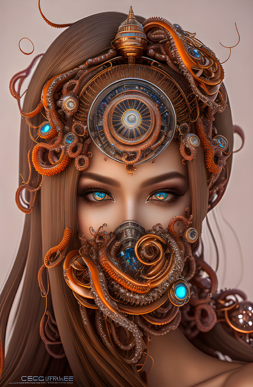 Steampunk-themed digital artwork of a female figure with intricate copper and gear hairstyle