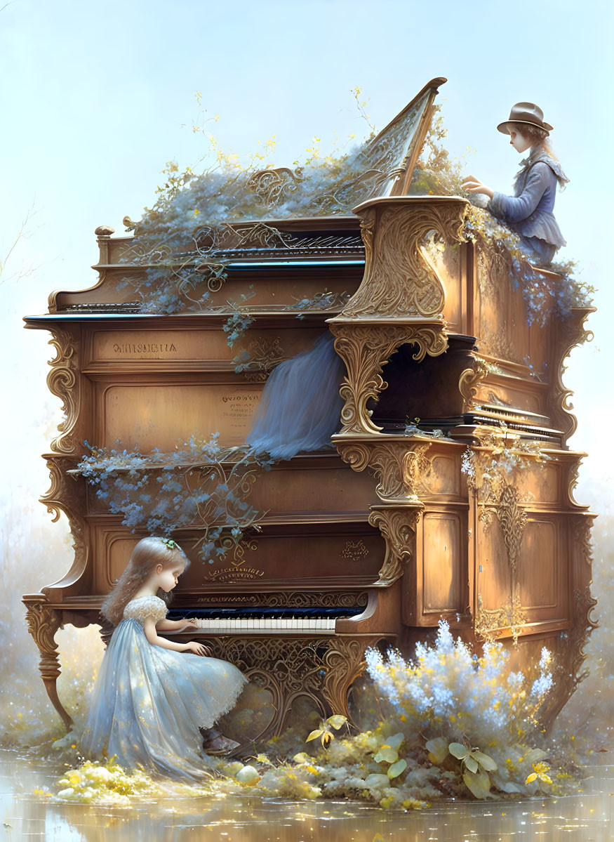 Ornate piano covered in plants with two women in misty setting