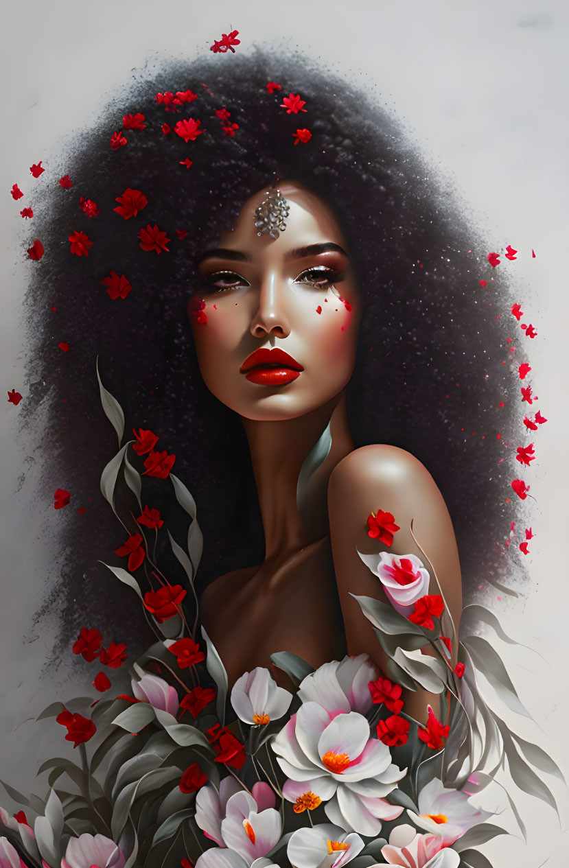 Woman with Voluminous Curly Hair and Red Blossoms in Digital Art